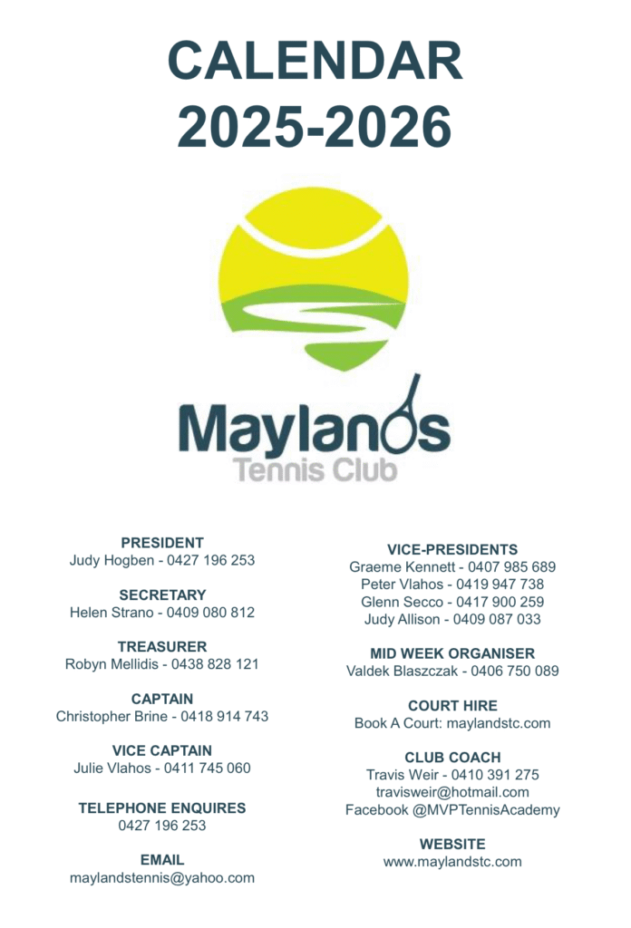 Calendar 2025-2026 Maylands Tennis Club